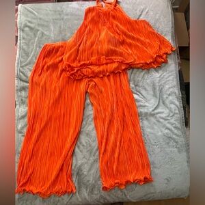 Women's Pleated Wide-Leg Jumpsuit Set in Vibrant Orange